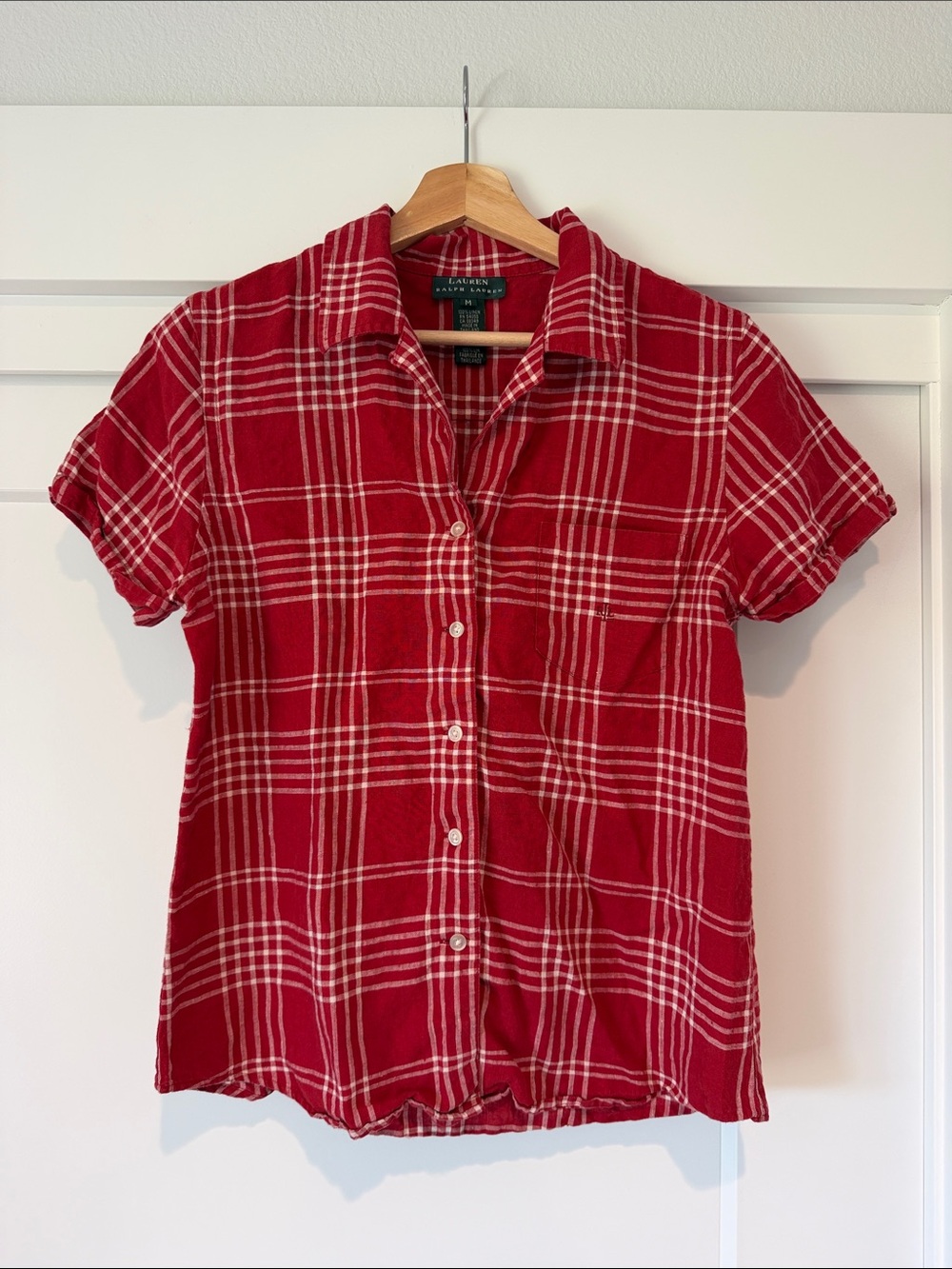 Lauren Ralph Lauren Red & White Plaid 100% linen Short Sleeve Button-Down Shirt
